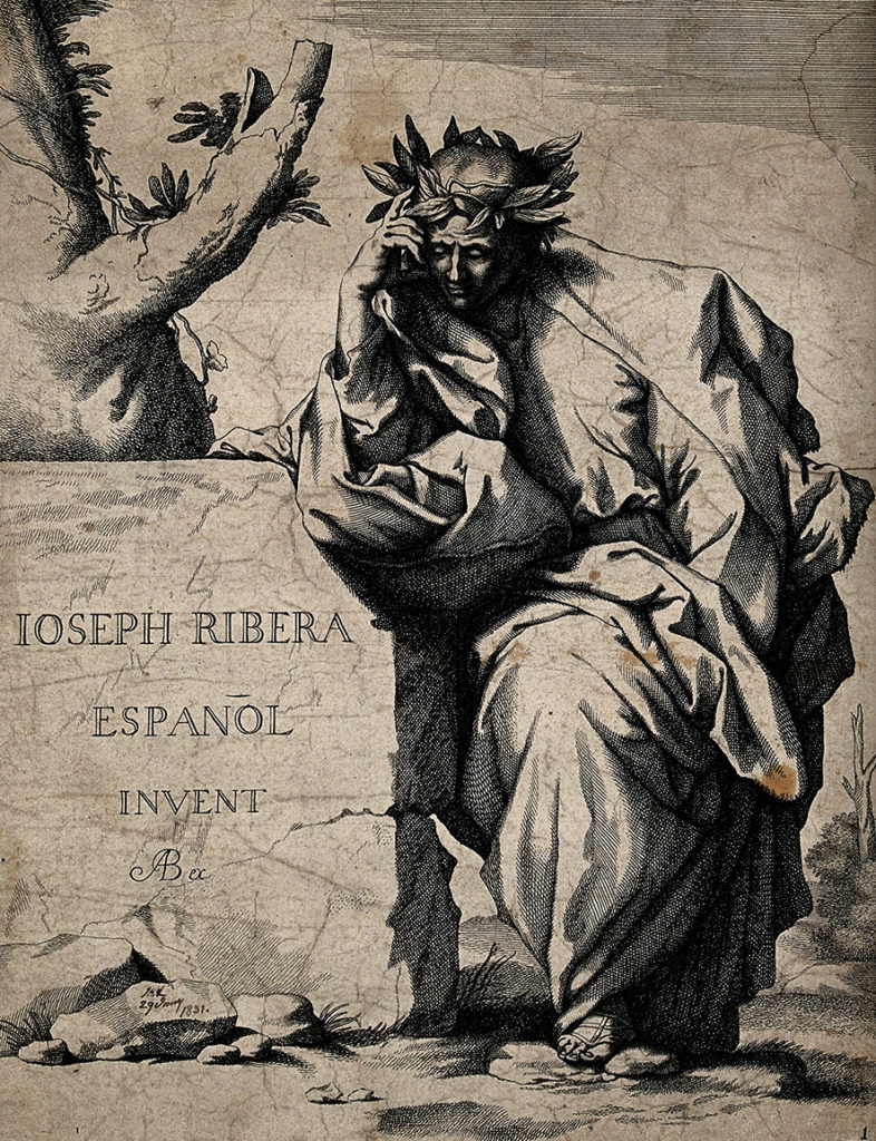 Melancholic figure of a poet. Engraving by J. de Ribera/wikipwdia.org