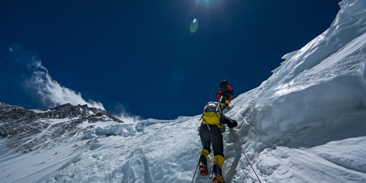Team members climb Mt. Everest during an expedition to find Sandy Irvine's remains. (National Geographic/Renan Ozturk)