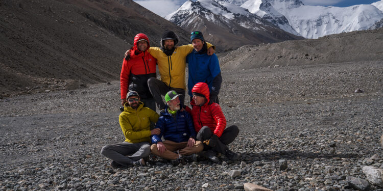 Team members (clockwise from top left) Jim Hurst, Renan Ozturk, Mark Synnott, Jamie McGuinness, Thom Pollard, and Matt Irving pose for a photo during an expedition to climb the North side of Mt. Everest in search of Sandy Irvine's remains. (National Geographic/Renan Ozturk)